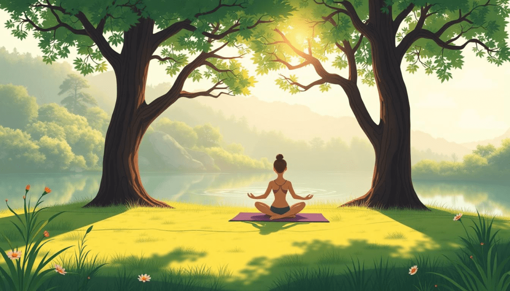 A serene landscape depicting a peaceful meditation scene in nature, featuring a tranquil body of water, lush greenery, and a person practicing yoga amidst soft sunlight filtering through the trees, emphasizing calm and balance.