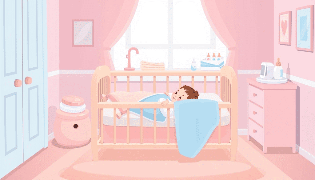 Baby Care Tips in Hindi: A serene nursery setting with a softly lit room, featuring a cozy crib with a newborn baby nestled comfortably inside, surrounded by gentle pastel-colored blankets and plush toys. The scene includes essential baby care items like diapers, a bottle, and soothing lotions neatly arranged on a changing table in the background. Soft, warm colors create a peaceful atmosphere, evoking feelings of tenderness and care for the newborn.