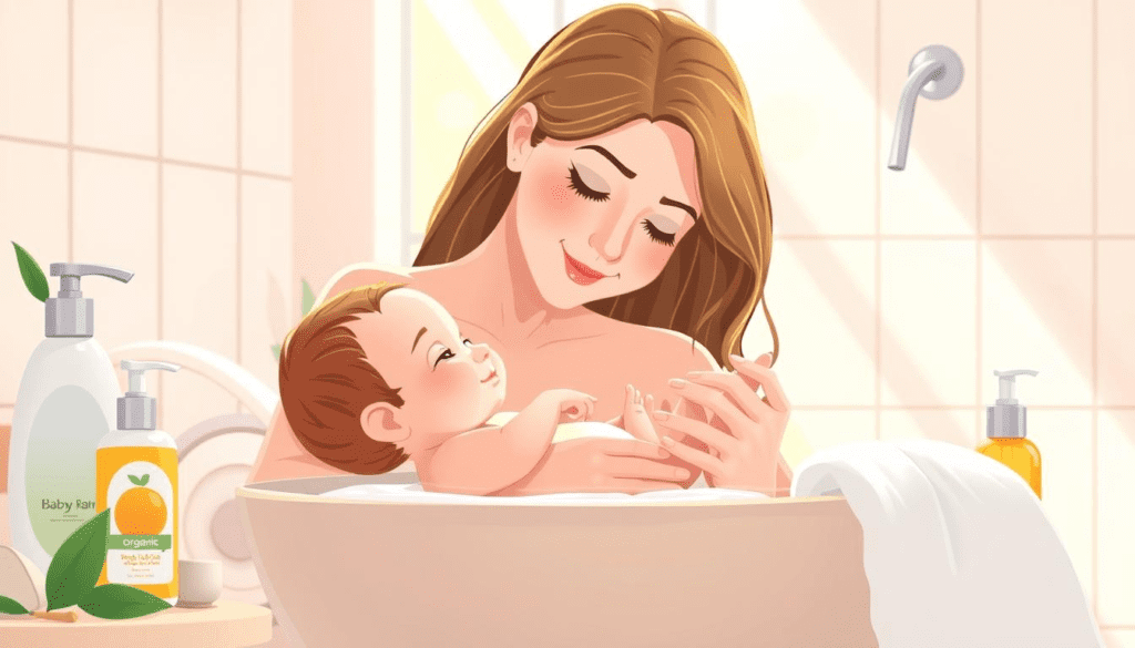 A serene scene of a gentle mother bathing her baby in a warm, sunlit bathroom. The focus is on the baby's soft, delicate skin, highlighting its natural glow and health. Surrounding them are natural baby care products like organic lotions and oils, with fluffy towels and a soothing atmosphere. The background features pastel colors and soft textures, emphasizing safety and comfort in baby care.