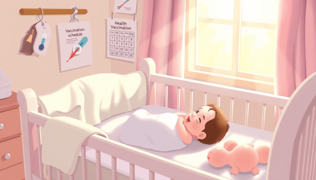 A serene nursery scene featuring a newborn baby lying in a cozy crib, surrounded by soft pastel-colored blankets and plush toys. There are gentle sunlight rays streaming through a window, illuminating various baby care essentials like a thermometer, vaccination schedule chart, and soothing lotion. The atmosphere is calm and nurturing, symbolizing the importance of health check-ups and vaccinations for infants.