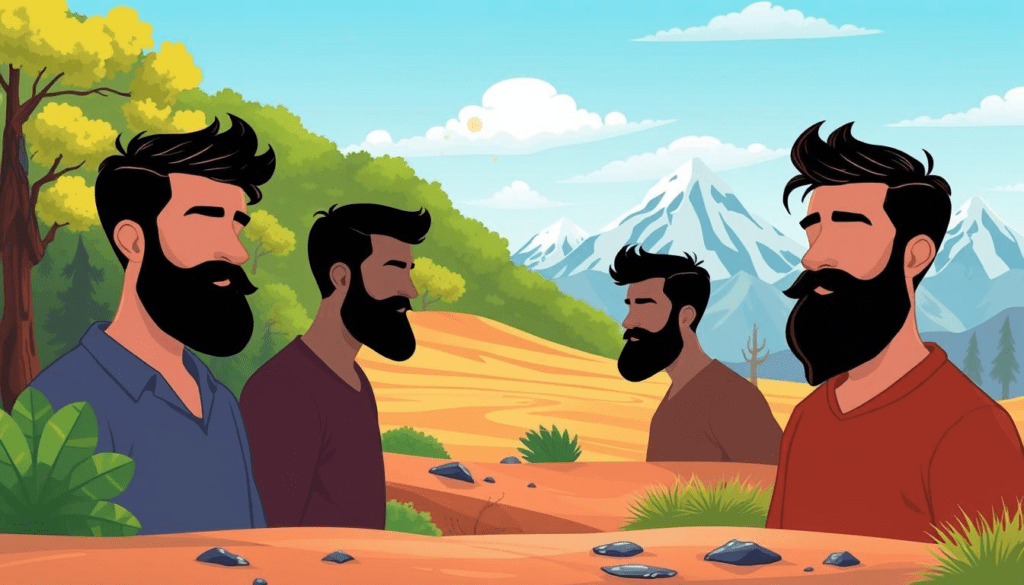 A serene landscape showcasing diverse climates affecting beard growth, featuring lush greenery, arid desert, and snowy mountains, with silhouettes of men with various beard styles reflecting the environmental influence, soft ambient lighting, vibrant colors.