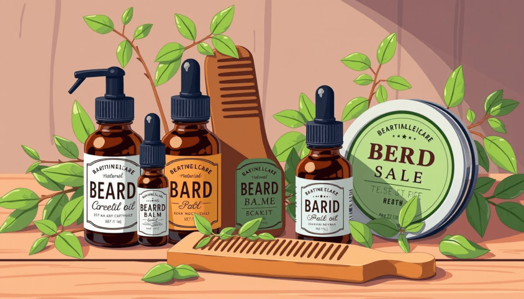 A collection of natural beard care products arranged aesthetically, including essential oils, a wooden comb, and beard balm, surrounded by fresh herbs and plant leaves, with a soft, warm light illuminating the scene. Beard Growth Tips in Hindi: Groom Like a Pro