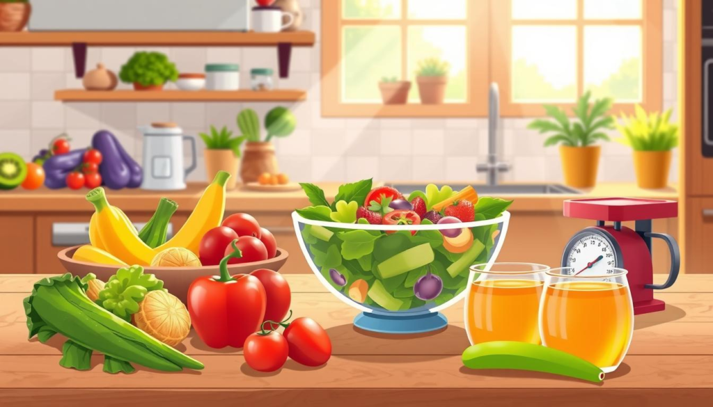 A serene kitchen setting with fresh fruits and vegetables, a colorful salad bowl, measuring scale, and herbal teas, all arranged aesthetically on a wooden table, sunlight streaming through the window, creating a healthy and inviting atmosphere for weight loss. Hindi Weight Loss Tips 