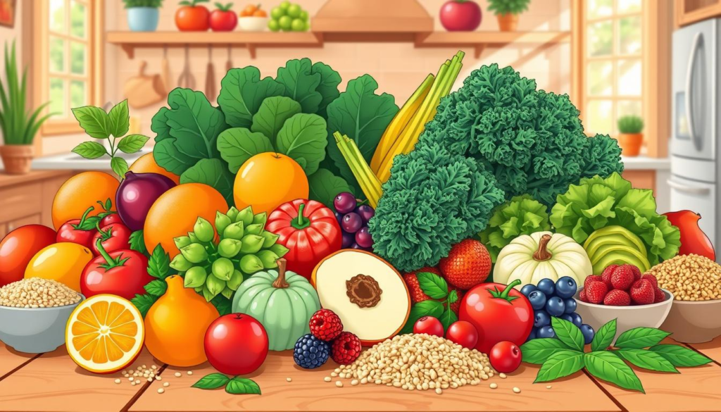 A vibrant spread of colorful fruits and vegetables arranged on a wooden table, showcasing fresh greens like spinach and kale, juicy oranges, crisp apples, and ripe berries. Surrounding the produce are healthy grains like quinoa and brown rice, with a backdrop of a sunny kitchen setting filled with natural light.