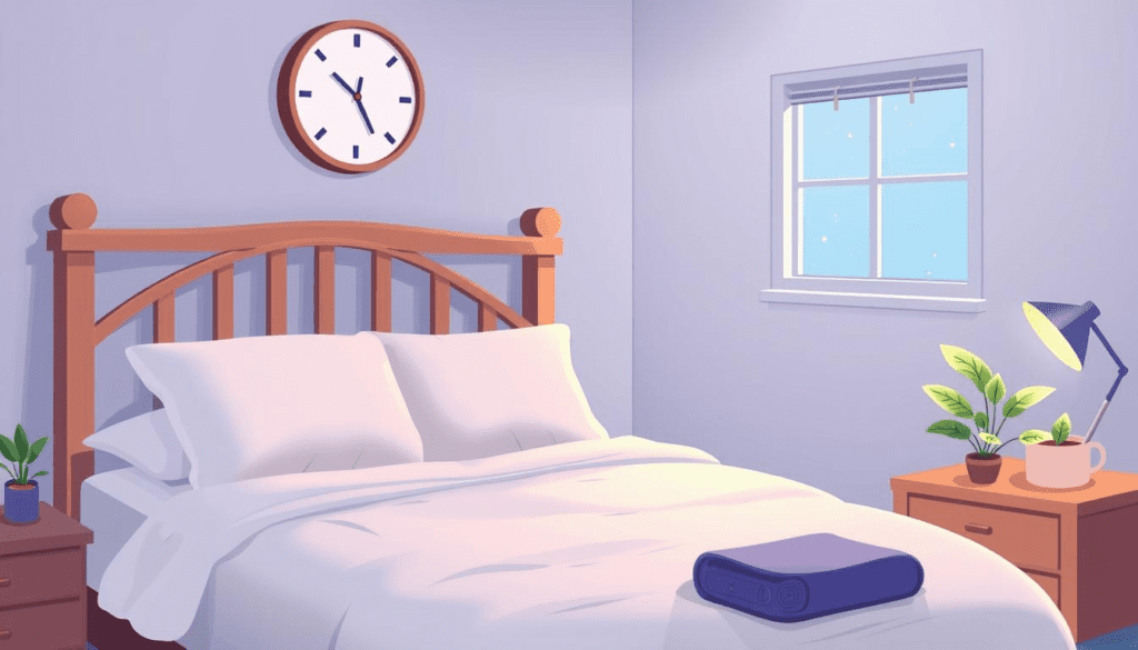 A serene bedroom scene with soft lighting, a comfortable bed with fluffy pillows, an inviting atmosphere showcasing a peaceful night, and a clock indicating a restful sleep time. Include elements such as a yoga mat, herbal tea, and a small potted plant to represent relaxation and wellness.