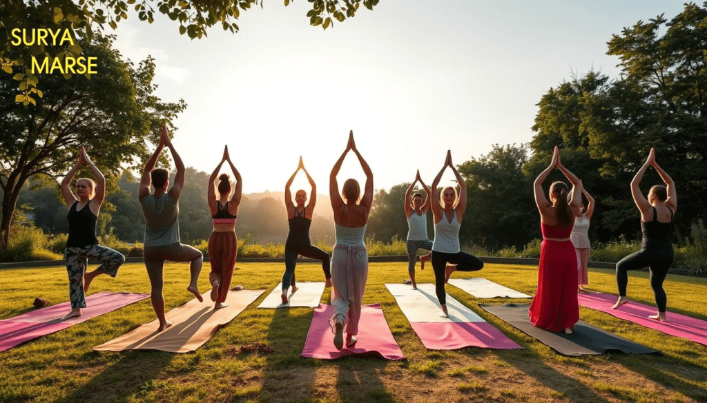 Sun Salutation Perks: A serene outdoor setting at sunrise featuring a diverse group of individuals practicing various asanas of Surya Namaskar. The scene captures the graceful fluidity of each pose, with vibrant natural colors, gentle sunlight illuminating their movements, surrounded by lush greenery and a clear sky. The atmosphere conveys harmony, mindfulness, and the essence of yoga.