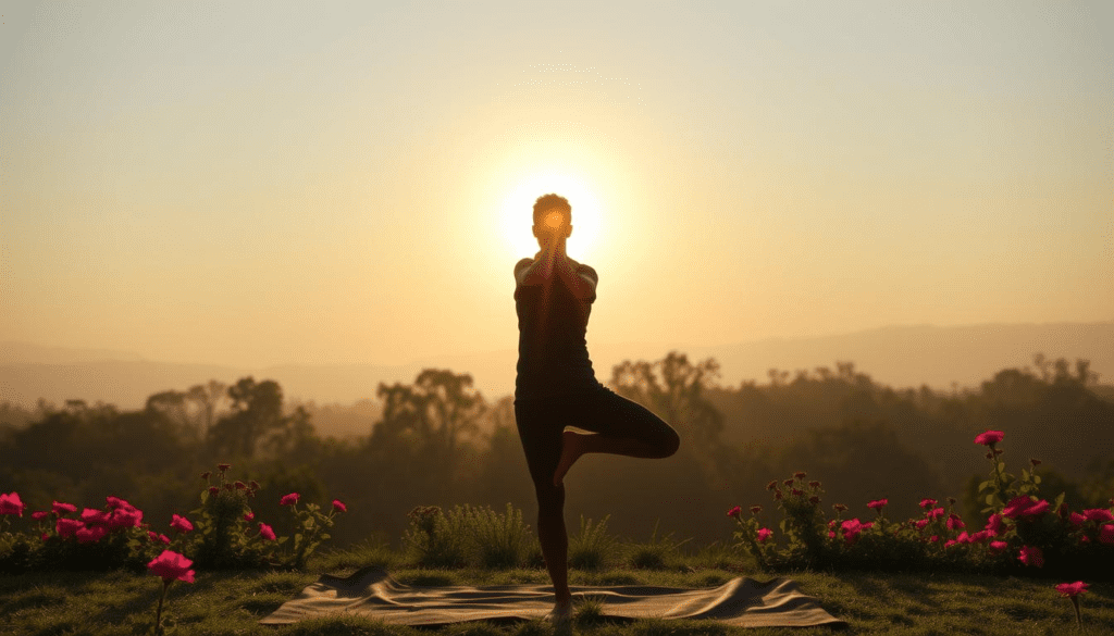 Surya Namaskar Benefits: A serene morning scene depicting a person practicing Surya Namaskar against a backdrop of a rising sun, surrounded by lush greenery, vibrant flowers, and a peaceful atmosphere, showcasing the harmony between nature and yoga practice. The individual is in a graceful pose, emphasizing flexibility and balance, with soft sunlight illuminating their figure and creating a tranquil ambiance.