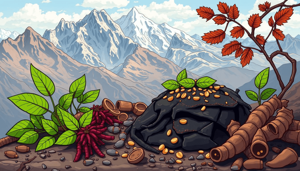 Shilajit Benefits in Hindi: "An artistic representation of shilajit, highlighting its rich nutrients, with a backdrop of the Himalayas, earthy textures, and vibrant botanical elements like herbs and roots, showcasing the natural essence and health benefits."