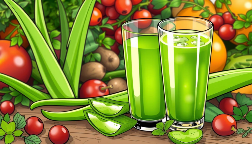 Aloe Vera Juice Benefits in Hindi: एलोवेरा जूस के फायदे, Aloe vera juice in a clear glass surrounded by fresh aloe vera leaves, with an emphasis on digestive health, showcasing vibrant greens and the refreshing texture of the juice, set against a natural background of herbs and fruits, conveying a sense of vitality and wellness.