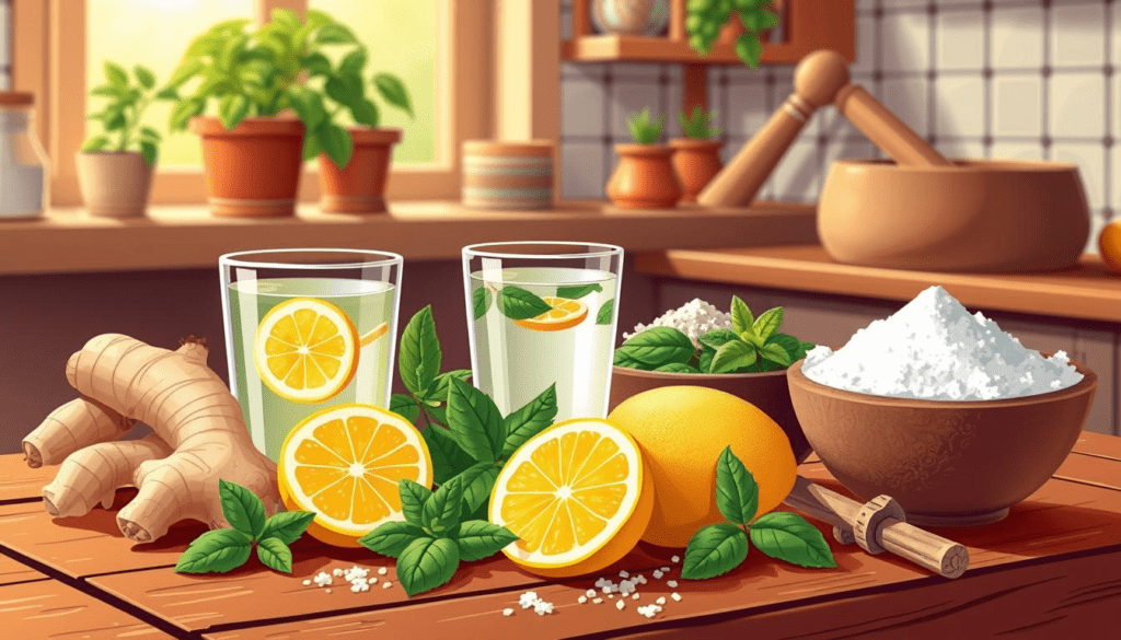 Acidity Ke Gharelu Nuskhe: A vibrant kitchen scene showcasing various natural ingredients for home remedies against acidity. Display an assortment of fresh ginger, lemon, mint leaves, and baking soda on a rustic wooden table. Include a glass of warm water infused with lemon slices. Soft, warm lighting enhances the inviting atmosphere, with herbal pots and a mortar and pestle in the background, emphasizing traditional home remedies.