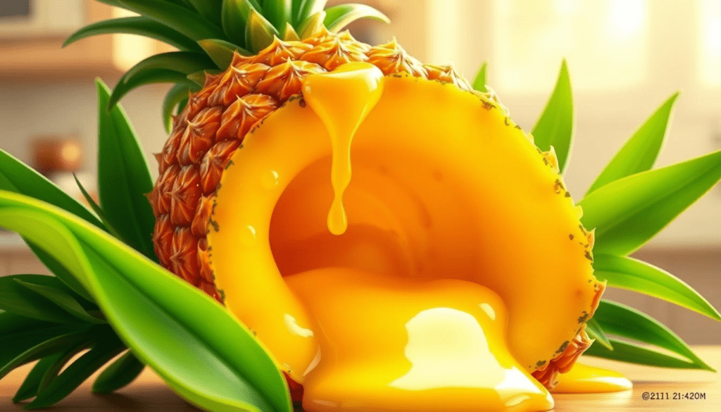 Acidity Ke Gharelu Nuskhe: A vibrant, fresh pineapple with droplets of juice glistening on its surface, surrounded by lush green leaves, showcasing the rich yellow-orange hue of the juice spilling from a cut-open pineapple, set against a soft, blurred background of a sunny kitchen.