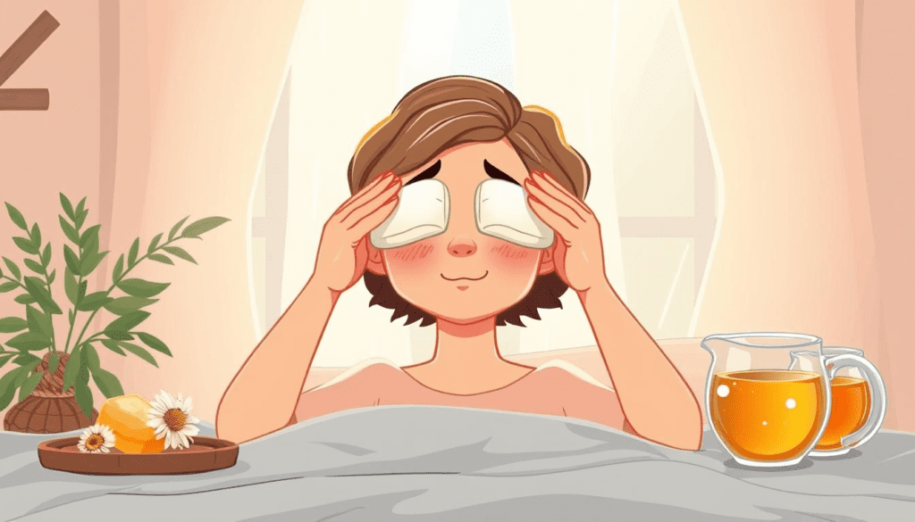 Eye Flu Treatment in Hindi: A soothing, serene indoor scene depicting a person gently applying a warm compress to their eyes, surrounded by natural ingredients like honey, chamomile, and warm herbal tea. Soft light filtering through sheer curtains, creating a calming atmosphere. The person has a peaceful expression, embodying relief and comfort as they engage in self-care for eye flu symptoms.