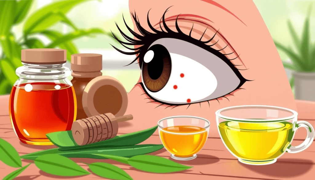 Eye Flu Treatment in Hindi: A close-up of an eye showing signs of infection, with redness and swelling around the eyelid, surrounded by natural home remedy ingredients like honey, aloe vera, and green tea, set on a wooden table. The background softly blurred to emphasize the eye and remedies. Natural light enhancing the colors and textures of the scene.