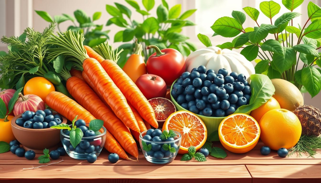 Eye Flu Treatment in Hindi: A vibrant, colorful still life composition featuring a variety of fruits and vegetables known for their eye health benefits, such as carrots, spinach, blueberries, and citrus fruits. The scene is set on a wooden table with soft natural lighting, emphasizing freshness and nutrition. Include small bowls of herbs like mint and fennel, with a backdrop of green leafy plants to symbolize natural remedies for eye ailments.