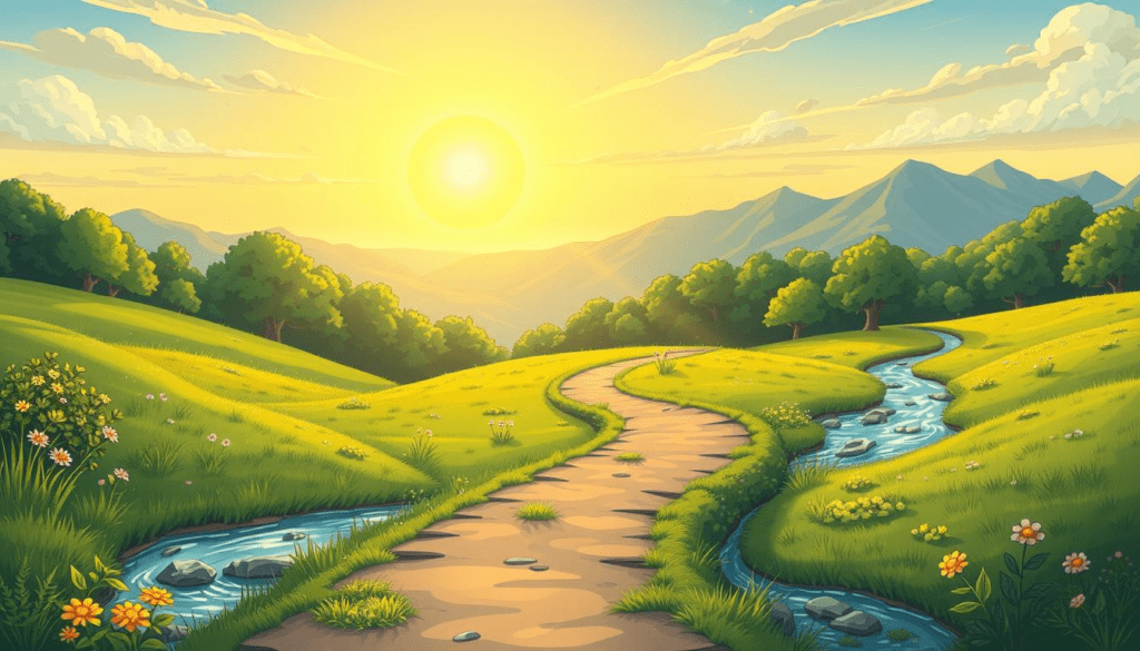 Daru Chhudaane Ke Nuskhe: दारू छुड़ाने के नुस्खे, A serene landscape depicting the journey of overcoming alcohol addiction, featuring a bright sunrise symbolizing hope, a winding path through lush greenery representing progress, gentle streams flowing to signify cleansing, and distant mountains illustrating strength and resilience. The overall atmosphere is uplifting and peaceful, evoking feelings of liberation and renewal.