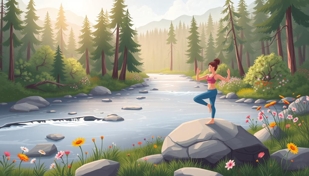 Mental Health in Hindi: A serene landscape featuring a peaceful forest with soft sunlight filtering through the trees, a tranquil river flowing gently, and colorful wildflowers blooming along the banks, embodying a sense of calm and mental wellness. In the foreground, a person practicing yoga on a smooth rock, surrounded by nature, exuding harmony and balance.