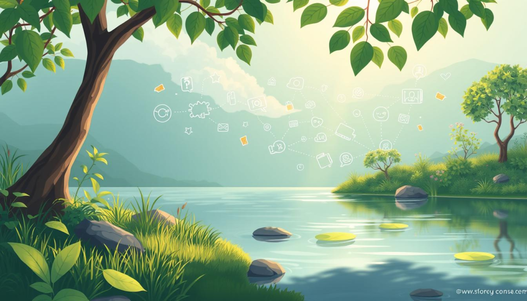 Mental Health in Hindi: A serene landscape depicting mental wellness, featuring a tranquil nature scene with lush greenery, calm water, and soft sunlight filtering through leaves, symbolizing peace of mind and emotional balance, while abstract representations of thoughts and emotions flow harmoniously in the background, creating a sense of connection between nature and mental health.