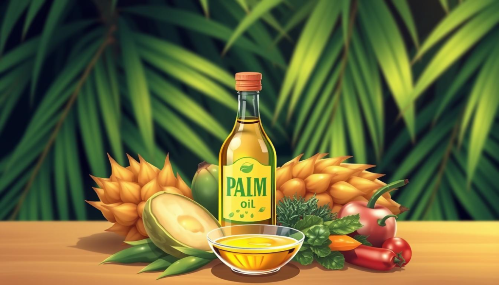 Palm Oil is Good For Health Hindi: A vibrant still life composition featuring a bottle of palm oil surrounded by fresh palm fruit, a lush tropical background with green palm leaves, and a small bowl of palm oil drizzled over healthy vegetables, capturing the essence of natural health benefits.