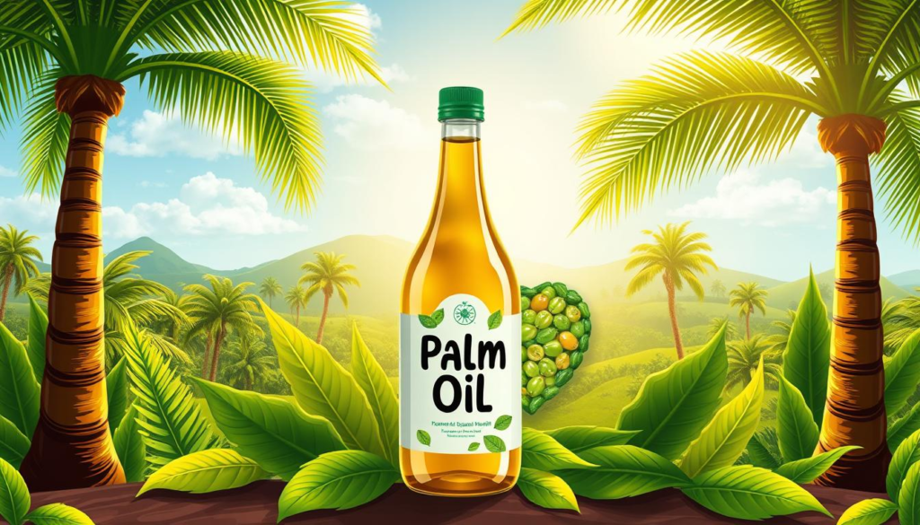 Palm Oil is Good For Health Hindi: A vibrant composition featuring a bottle of palm oil surrounded by lush tropical palm trees and heart-shaped leaves, with a backdrop of a serene landscape symbolizing health, including a heart made of green fruits and vegetables, all bathed in warm sunlight.