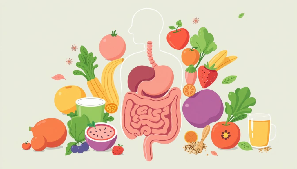 Tips for Improving Gut Health Hindi: A serene and vibrant illustration depicting a healthy gut, showcasing colorful fruits and vegetables surrounding an abstract representation of the digestive system. Include elements like yogurt, grains, and herbal teas, with a calm and soothing color palette that conveys wellness and balance in the body.