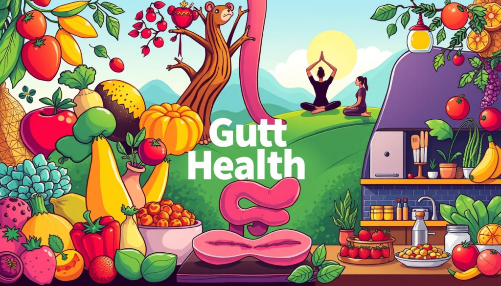 Tips for Improving Gut Health Hindi: A vibrant and colorful composition showcasing elements of a healthy lifestyle for gut health, featuring a variety of fresh fruits and vegetables, a serene outdoor setting with yoga and meditation, individuals engaging in exercise, and a tranquil kitchen scene with nutritious food preparation, all harmoniously blended to symbolize balance and well-being.