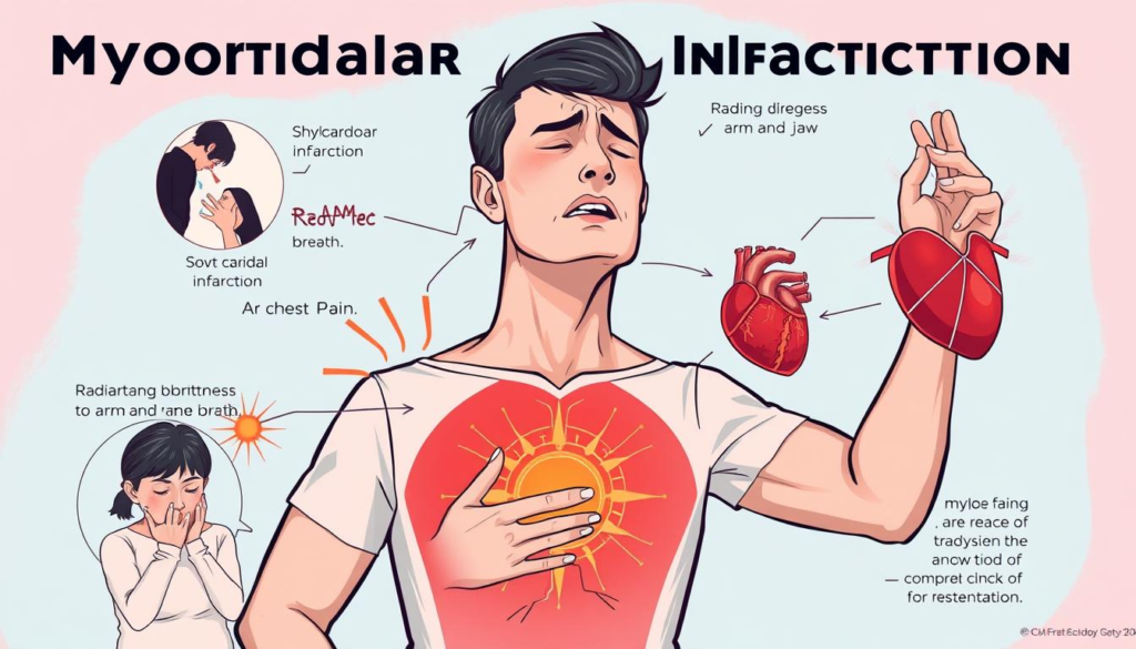 Heart Attack Symptoms in Hindi for Male :  A detailed illustration depicting various symptoms of myocardial infarction, featuring a male figure experiencing chest pain, shortness of breath, and radiating discomfort in the arm and jaw. The background should include subtle indicators of stress and anxiety, with a color palette that conveys urgency and seriousness. Include anatomical elements like a heart diagram to emphasize the medical context, surrounded by a harmonious blend of warm and cool tones to reflect the emotional and physical aspects of a heart attack.