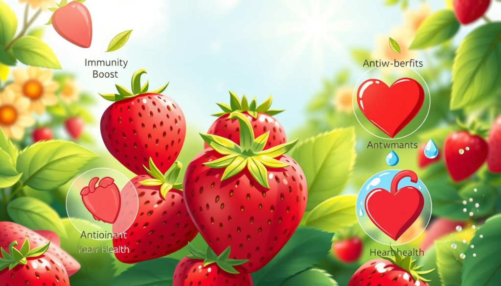 Strawberry Health Benefits Hindi: A vibrant display of fresh strawberries surrounded by illustrations of their health benefits, such as immunity boost, antioxidants, and heart health, depicted through natural elements like green leaves, sunlight, and sparkling water droplets, with a soft-focus background of a sunny garden.