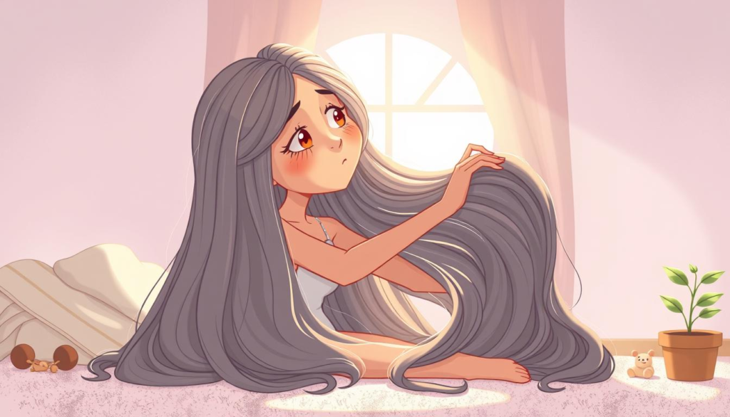 Stop Postpartum Hair Fall in Hindi: A serene scene depicting a woman gently combing her long, flowing hair, with strands subtly falling to the floor. Soft natural lighting illuminates her face, showing a mix of emotions. Surrounding her are elements symbolizing motherhood - a baby blanket, a small toy, and a plant, representing growth and nurturing. The atmosphere feels calming and reflective, with a focus on hair texture and movement, evoking feelings of vulnerability and strength.