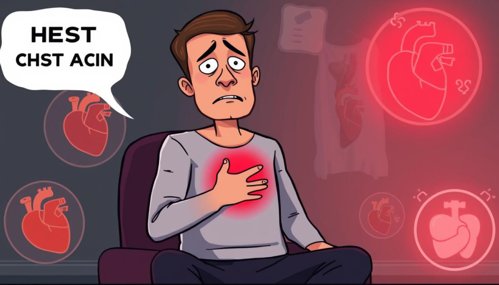 Heart Attack Symptoms in Hindi for Male : A concerned male figure sitting in a dimly lit room, holding his chest with a pained expression, surrounded by visual representations of heart attack symptoms like chest pain, shortness of breath, and sweating. The background features faint images of anatomical hearts and medical symbols, creating a somber and educational atmosphere.