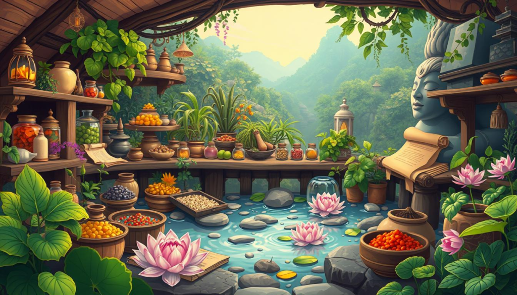 Health in Hinduism: An intricate herbal apothecary scene featuring traditional Ayurvedic elements, including vibrant herbs, colorful spices, and ancient scrolls, surrounded by serene natural landscapes. Add elements of tranquility like flowing water, lotus flowers, and soft lighting to evoke a sense of healing and balance.