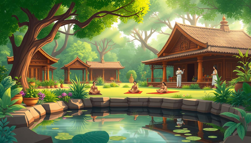 Health in Hinduism: A serene landscape depicting a traditional Ayurvedic healing center in a lush green environment, featuring wooden structures with intricate carvings, surrounded by herbal gardens filled with various medicinal plants. In the foreground, a tranquil water feature reflecting nature, while yoga practitioners perform asanas on a mat, and a practitioner prepares natural remedies using Ayurvedic ingredients. Soft sunlight filters through the trees, creating a peaceful atmosphere.