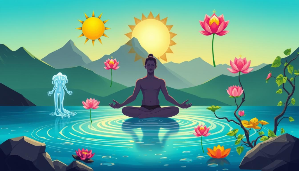 Health in Hinduism: A serene scene depicting the essence of Ashtanga Yoga, showcasing eight interconnected limbs represented by symbolic elements: a tranquil figure in a meditative pose, surrounded by flowing water symbolizing purification, a radiant sun representing energy and vitality, lotus flowers embodying spiritual awakening, intertwined vines indicating connection to nature, and vibrant colors reflecting harmony of mind, body, and spirit, all set against a peaceful mountainous backdrop.