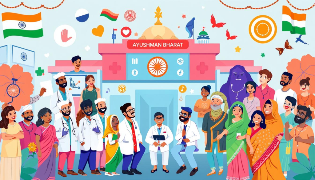 राष्ट्रीय स्वास्थ्य प्राधिकरण A vibrant and dynamic illustration representing the Ayushman Bharat scheme, featuring a diverse group of happy and healthy individuals from various backgrounds, symbolizing access to healthcare. Include visual elements like a hospital, medical professionals, health insurance symbols, and traditional Indian motifs, all harmoniously blended in a colorful, uplifting composition that conveys the essence of universal health coverage.